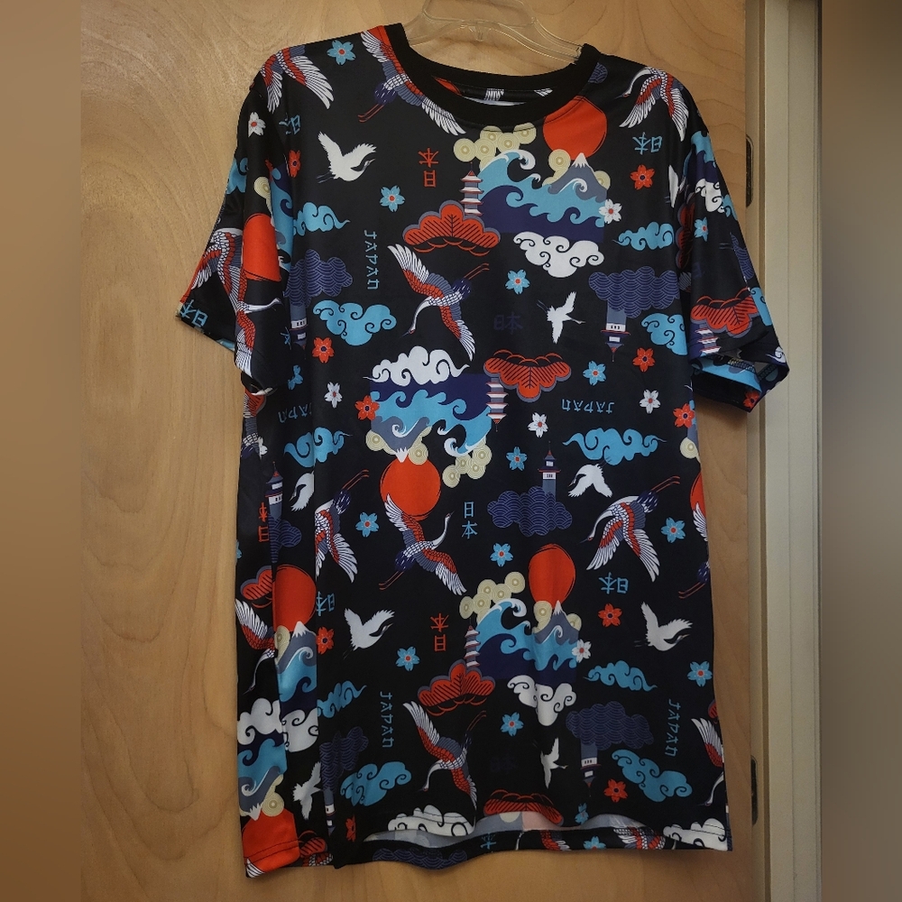 Fresh Prints Japanese Crane Floral Collar Tee Sz XL